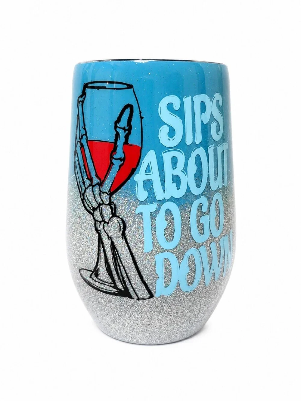 Handmade 16oz Wine Tumbler Blue Silver Glitter Skeleton Halloween Drinkware